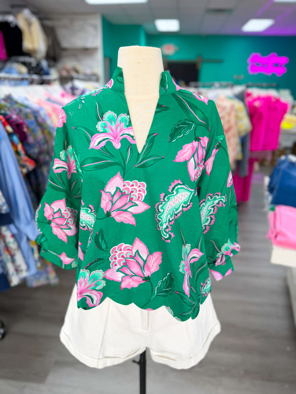 Emerald Bloom Scallop Blouse
