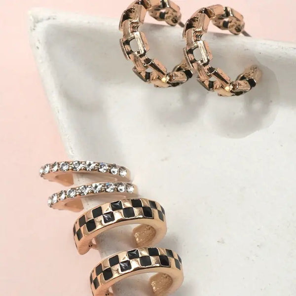 Baguette Stone Double Hoop Huggie Trio Earrings