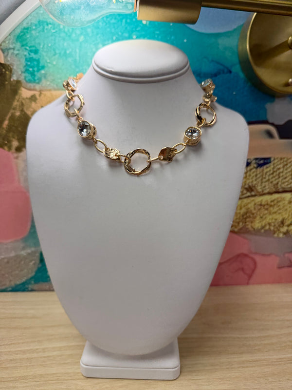 Metal Textured Open Circle Clear Stone Necklace
