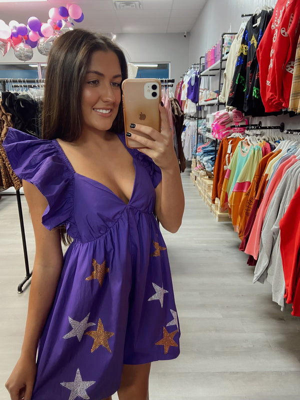 Purple and Gold Multi Color Star Rhinestone Romper