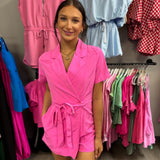 Pink Lapel Collar Short Sleeves Romper