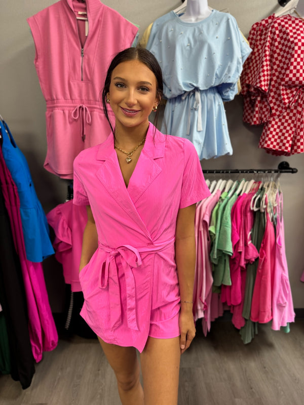 Pink Lapel Collar Short Sleeves Romper