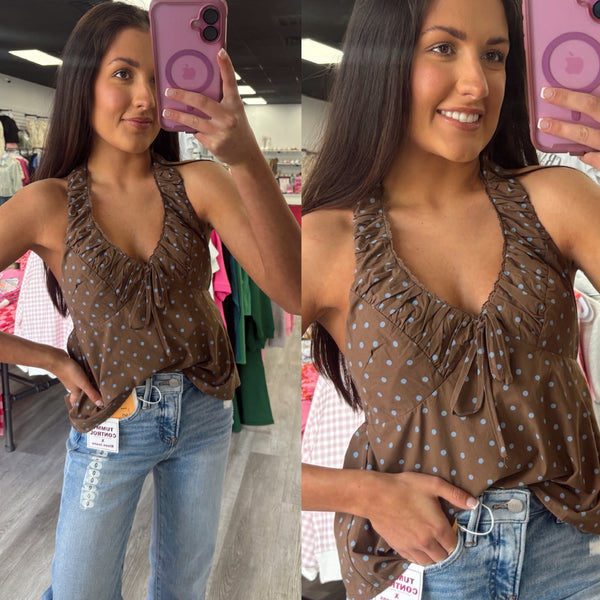 Brown And Blue Polka Dot Hazel Ruched Halter Top