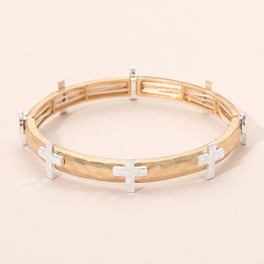 Hammered Brushed Metal Cross Accent Stretch Bracelet