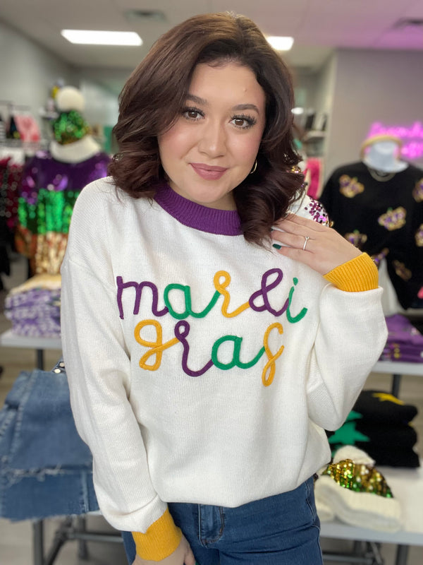 Mardi Gras State of Mind Sweater - White