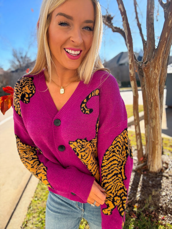 Tiger Purple Cardigan Sweater