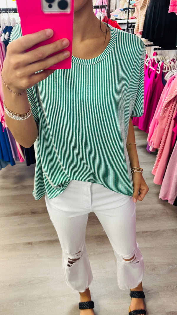 Ribbed Striped Oversized Short Sleeve Top