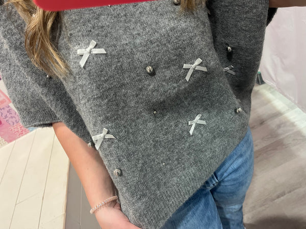 Silver Beaded Pearl and Bow Gray Sweater