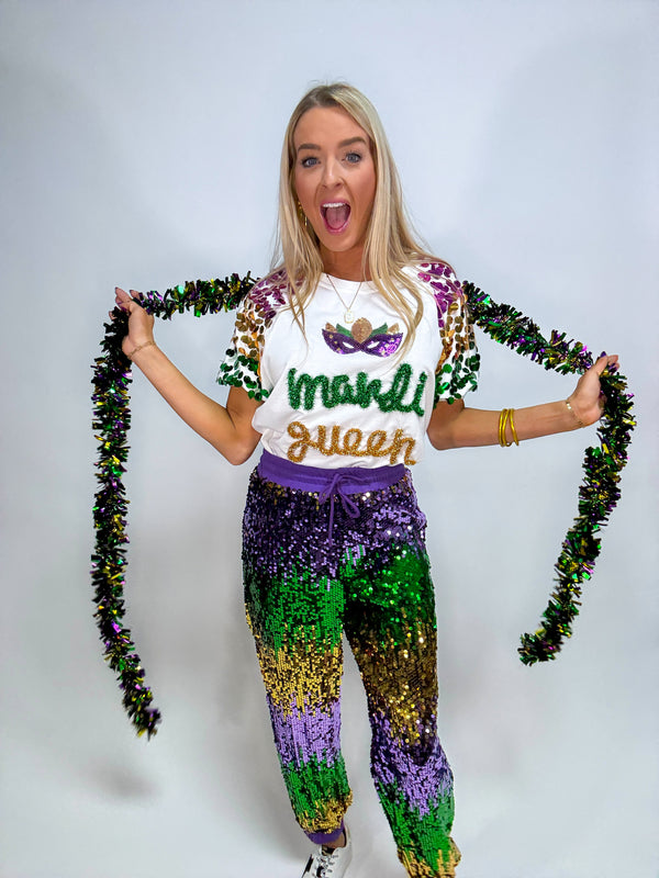 Throw Me Something Mrs. Tinsel Mardi Gras Pullover with Sequins