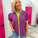 Mardi Gras Woven Contrast Ruffled Puff Sleeves Top
