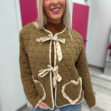 Brown Floral Trim Heart Pocket Quilted Jacket