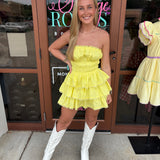 It's My Time Strapless Tired Mini Dress Romper Yellow
