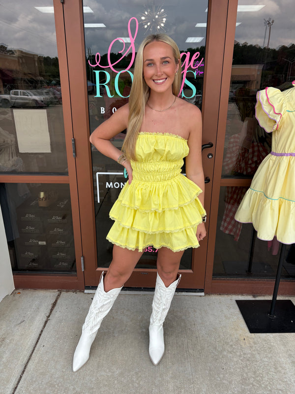 It's My Time Strapless Tired Mini Dress Romper Yellow