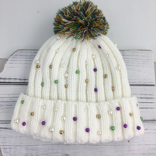 Mardi Gras Beaded and Pearl Beanie