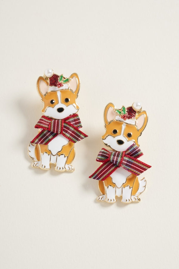 Christmas Dog Welsh Corgi W Ribbon Post Earrings