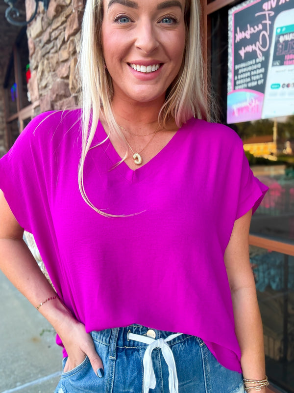 Magenta V Neck Top