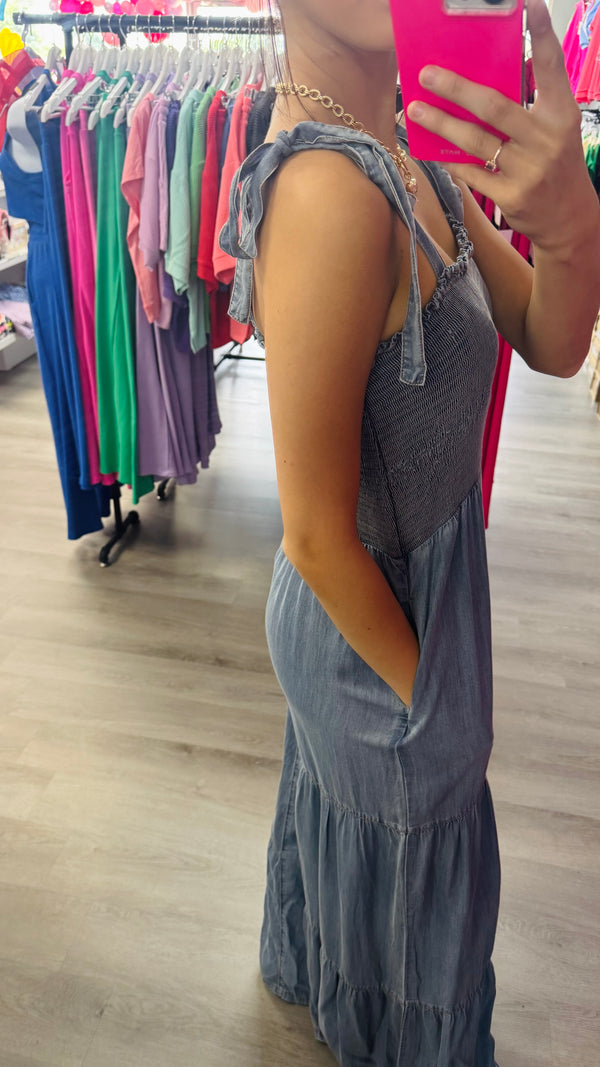 Smocked Tie Chambray Palazzo Wide Pant Jumpsuit