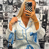 In My Dreams Satin Blue and White Bow Pajama Set