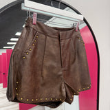 Faux Leather Shorts with Studs | Brown
