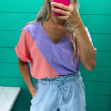 Color Block Lavender Pink Coral Top