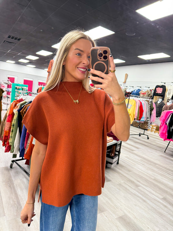 Ribbed Knit Short Dolman Sleeves Top Rust
