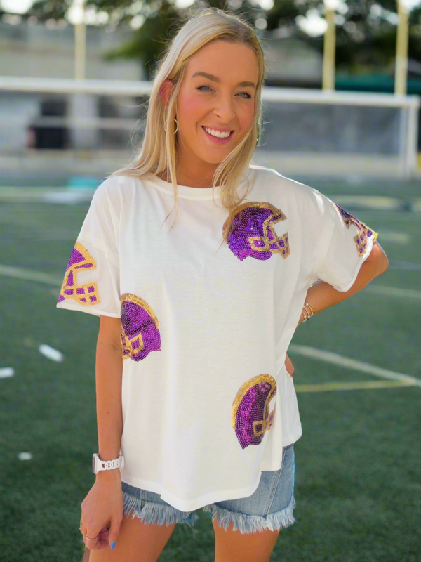 On the Field Sequin Helmet Football Head Top - Purple Gold