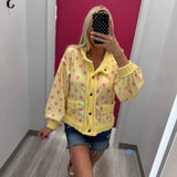 Polka Dot Vintage Ribbed Knit Trim Cardigan Jacket
