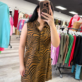 Tiger Print Button Down Shirt Dress With Pockets