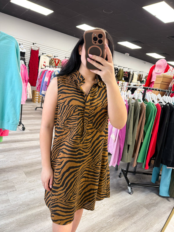 Tiger Print Button Down Shirt Dress With Pockets