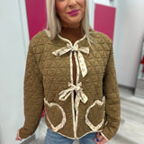 Brown Floral Trim Heart Pocket Quilted Jacket