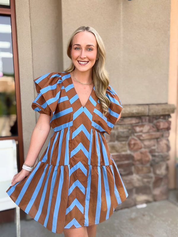 Caught In The Moment Stripe Dress- Brown and Blue