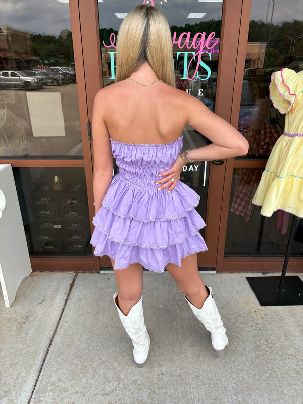 It's My Time Strapless Tired Mini Dress Romper Lavender