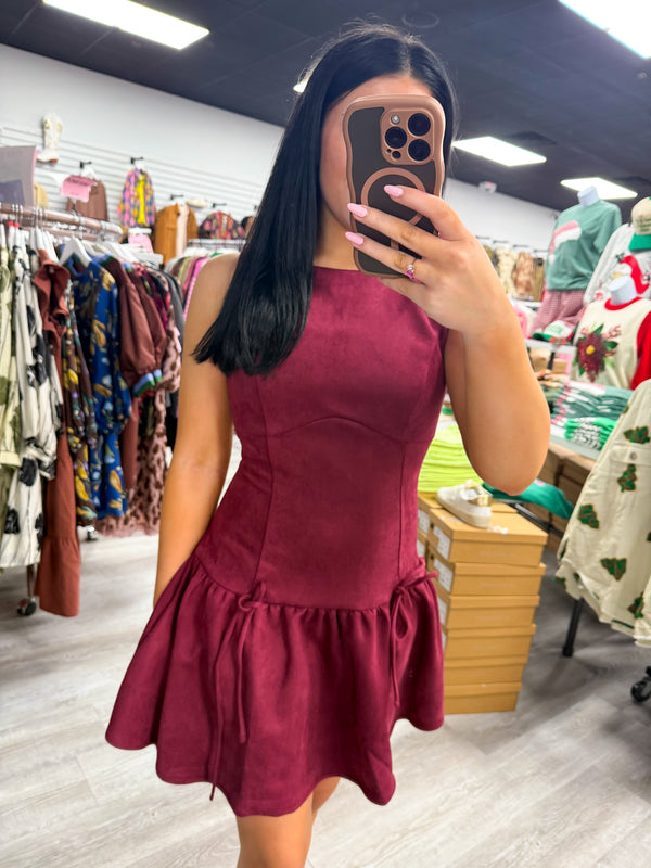 Wine Suede Sleeveless Ruffle Drop Waist Dress with Bow
