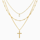 Triple Layered Pearl Cross Necklace
