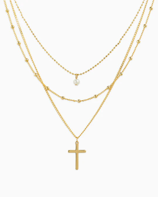 Triple Layered Pearl Cross Necklace