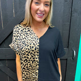 Half and Half Leopard and Black Color Block Top