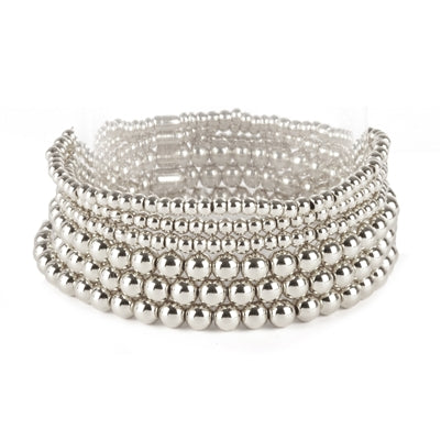 Silver Beaded Set of 6 Stretch Bracelets