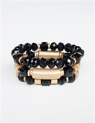 Black Crystal with Gold Bar Accents Set of 3 Stretch Bracelet