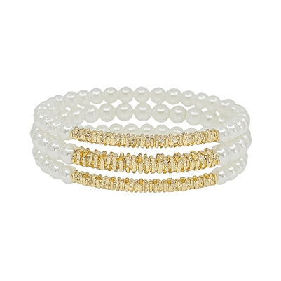 Pearl with Textured Gold Metal Beaded Bar Set of 3 Stretch Bracelets