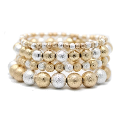 Set of 4 Textured Silver and Gold Beaded Stretch Bracelet