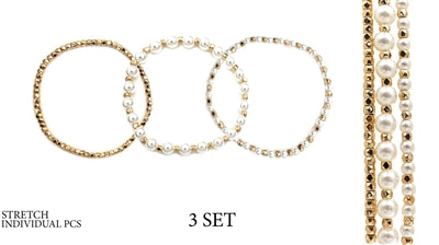 Gold Beaded and Pearl Set of 3 Stretch Bracelet