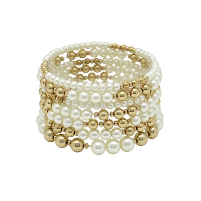 Pearl and Gold Beaded 7 Row Stretch Bracelet Set