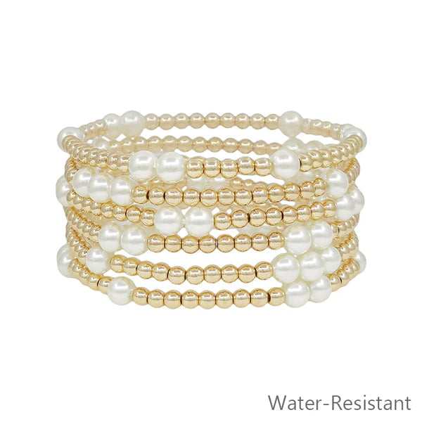 Set of 7 Gold Beaded and Pearl Water Resistant Stretch Bracelets