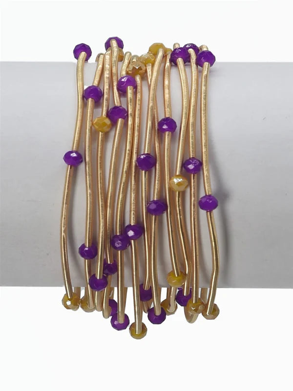 Set of 12 Gold Wired Stretch Bracelets with Purple and Yellow Gameday Crystal Accents, Best Seller!