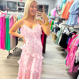 Pink Rose Bow Ruffle Maxi Dress