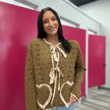 Brown Floral Trim Heart Pocket Quilted Jacket