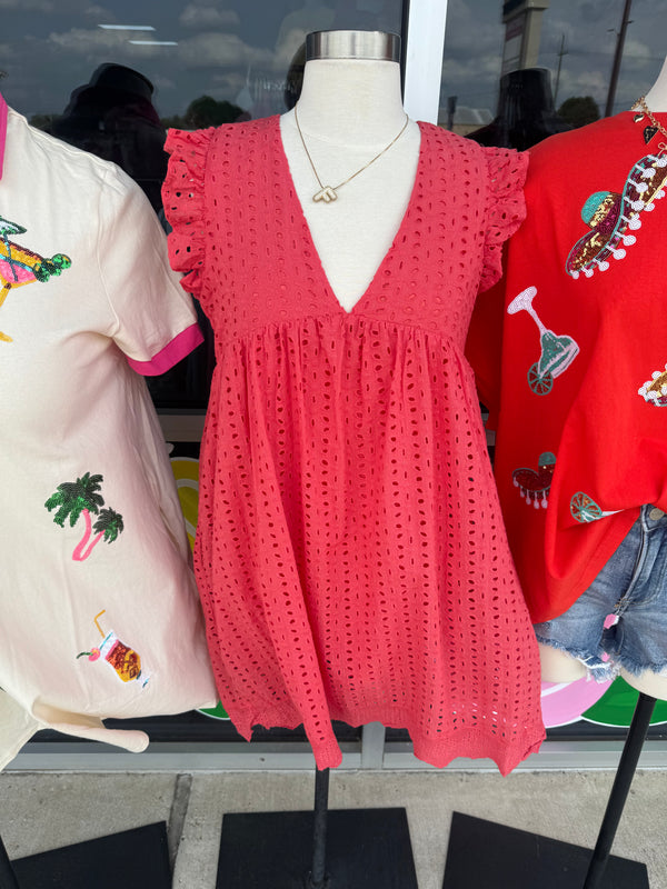 Coral Cotton Eyelet Pocketed Dress