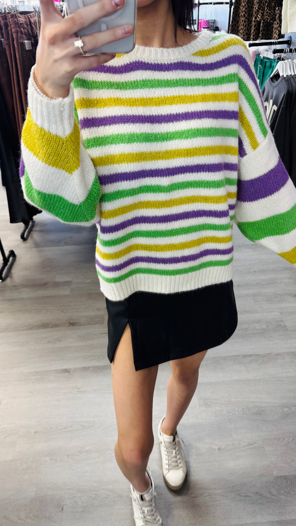 Here for the Beads Mardi Gras Stripe Sweater - Ivory