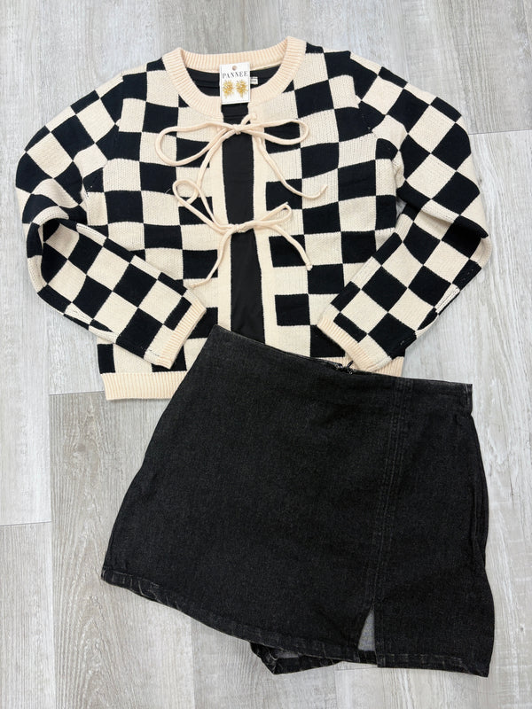 Checkered Top Bow Cardigan