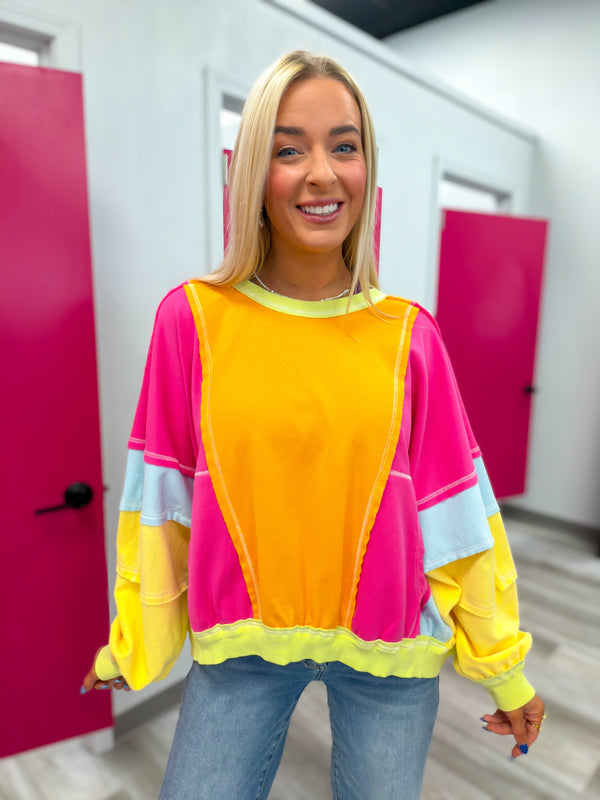 Catching Eyes Bright Colorful Pullover - Hot Pink Orange Lime